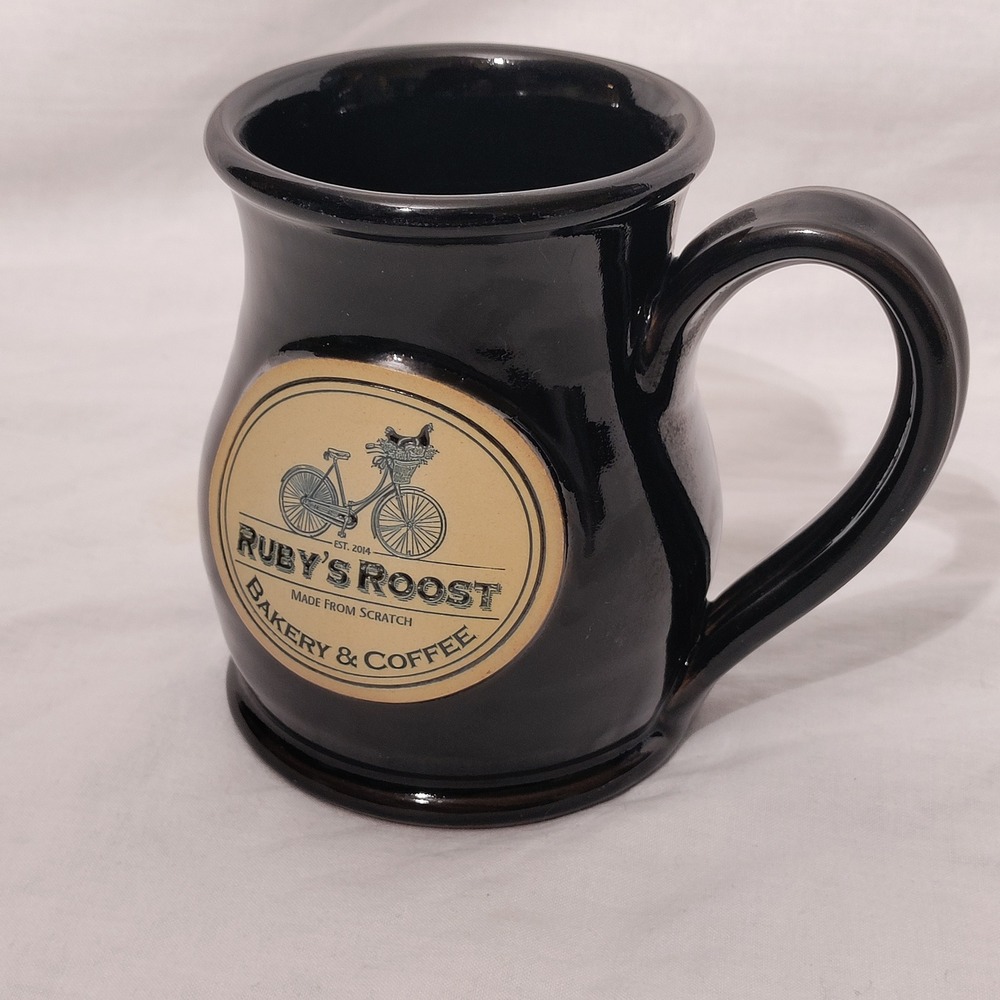 Deneen Pottery Ruby's Roost Bakery Coffee Mug Black Stoneware 2017 USA